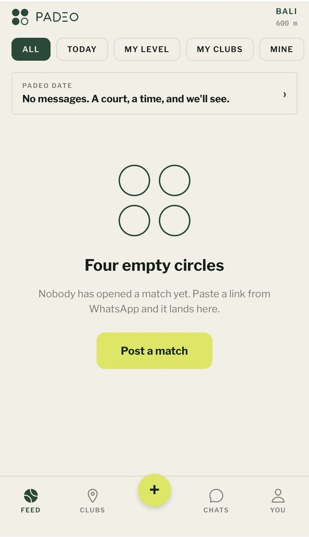Padeo home screen: the match feed for the Bali area